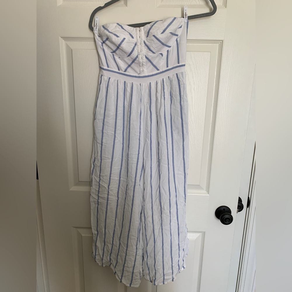American Eagle Outfitters - White and Blue Striped Strapless Jumpsuit -Size S